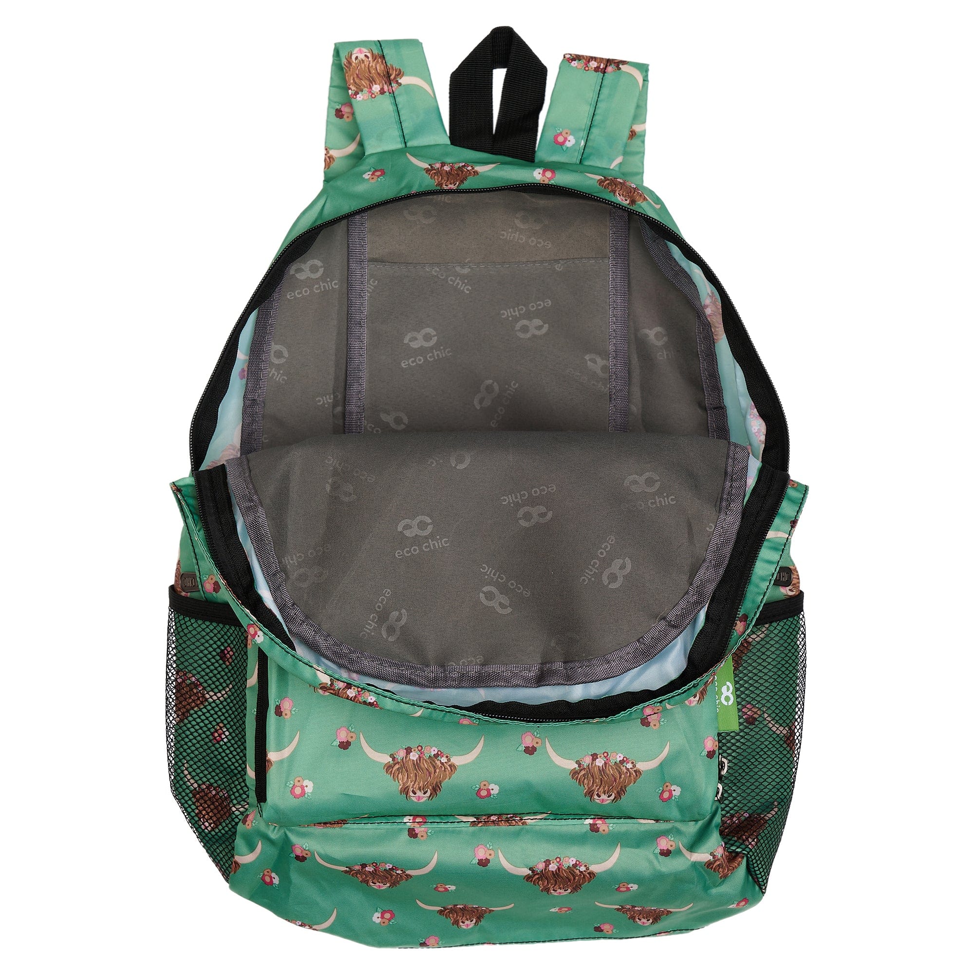 Eco Chic Green Eco Chic Lightweight Foldable Backpack Floral Highland Cow