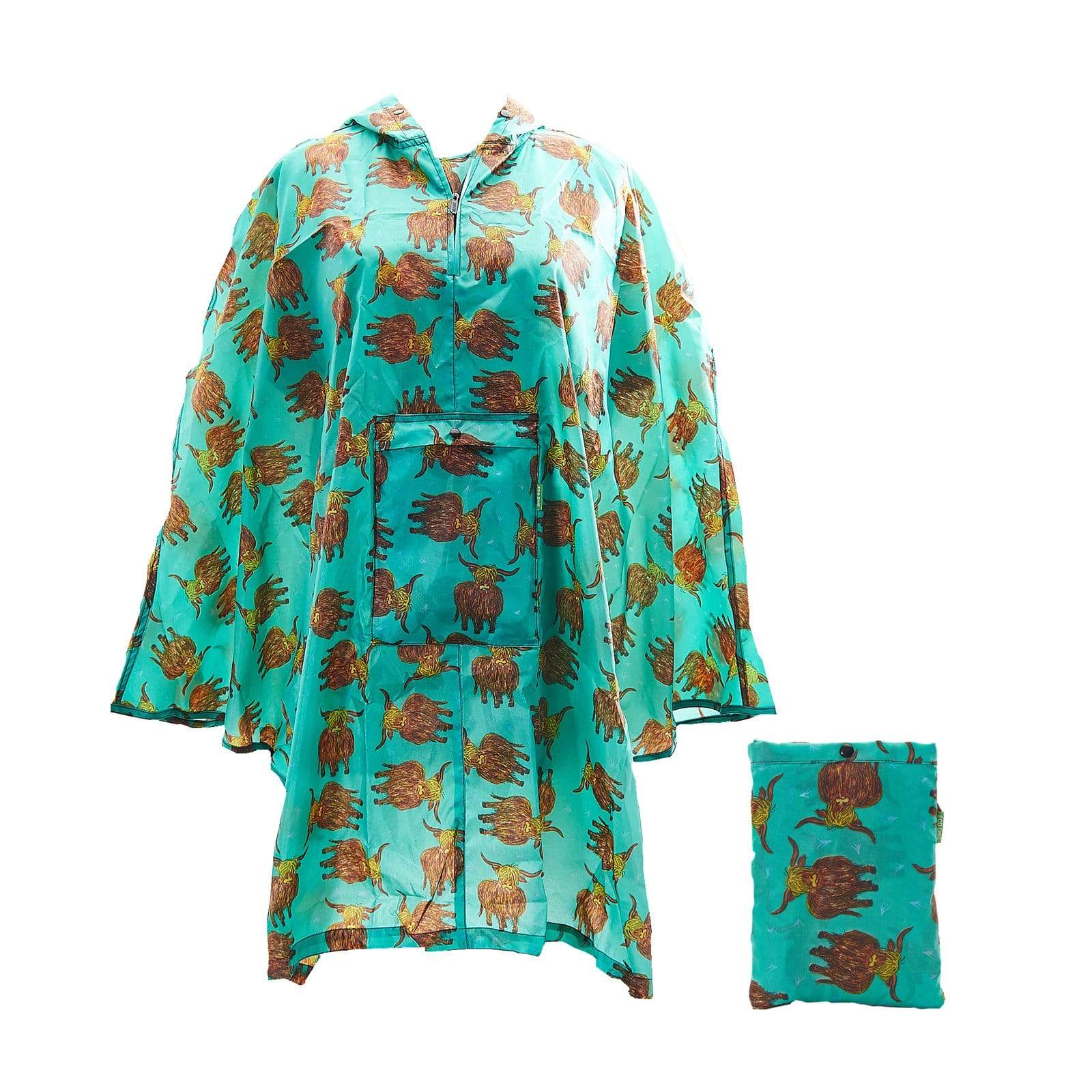 Eco Chic Teal Highland Cow Waterproof Foldable Adult Poncho