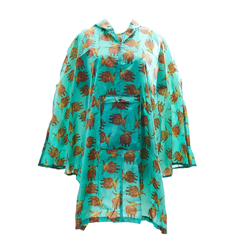 Eco Chic Eco Chic Teal Highland Cow Waterproof Foldable Adult Poncho