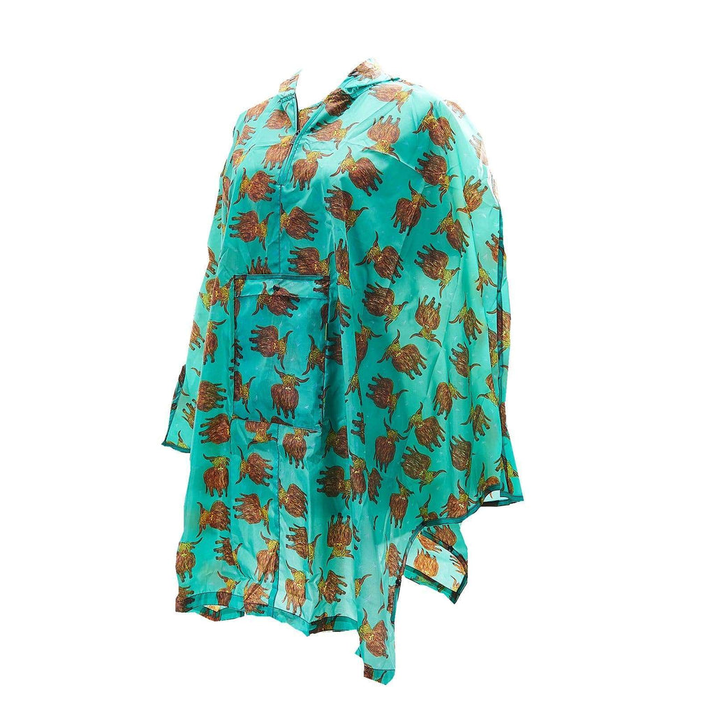 Eco Chic Eco Chic Poncho adulto plegable impermeable Teal Highland Cow